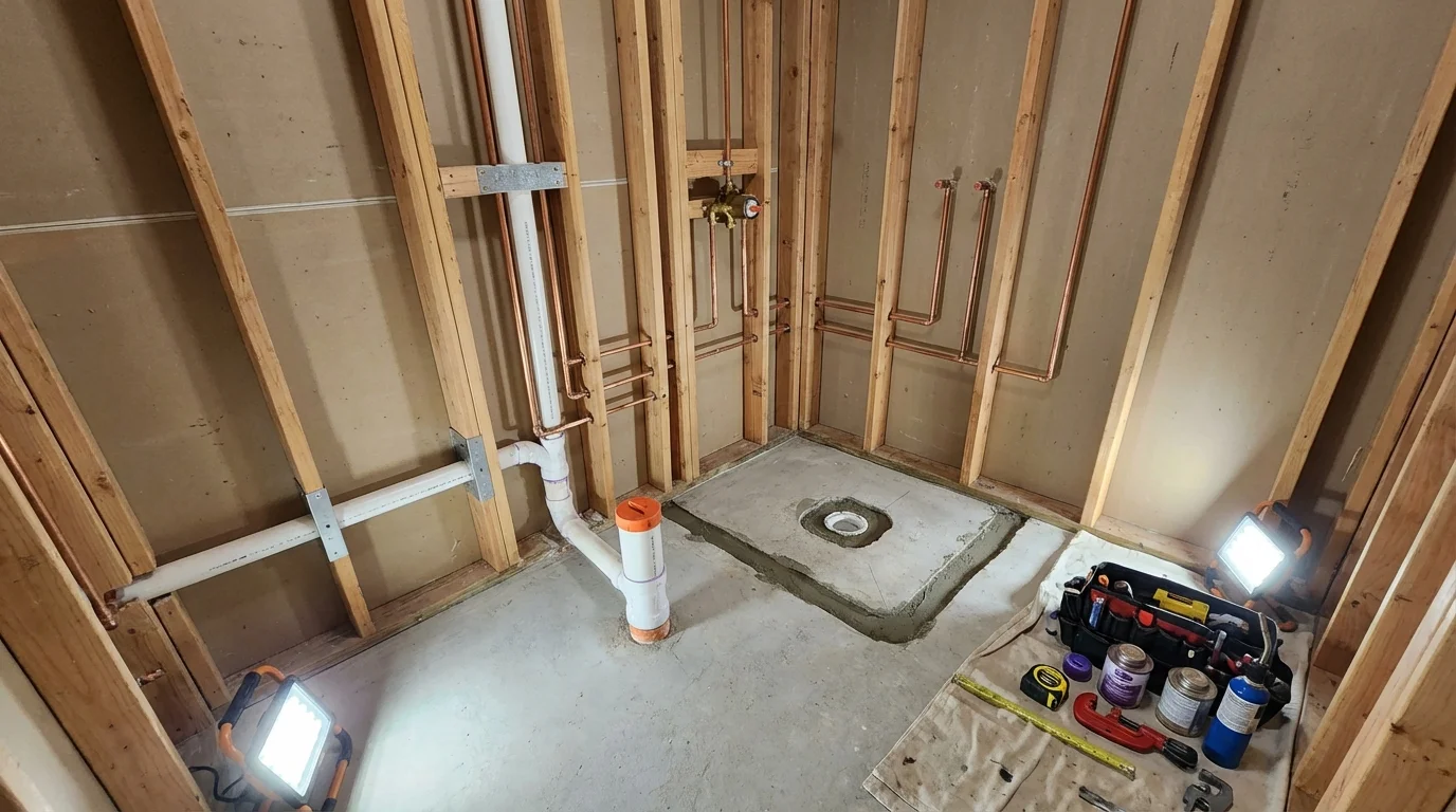 Bathroom rough-in plumbing during remodel by Johns Plumbing LLC in Pen Argyl