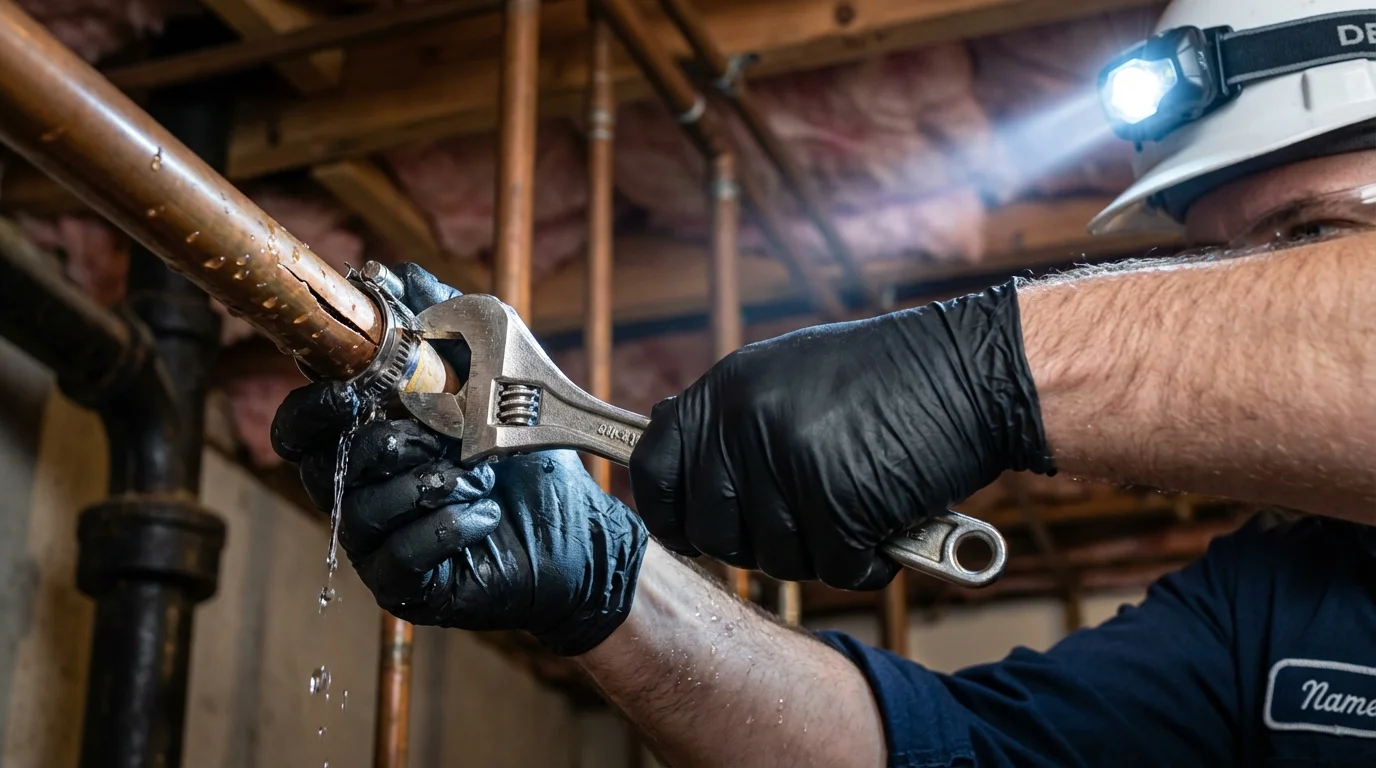 Emergency pipe clamp repair being performed by a Johns Plumbing LLC plumber in Pen Argyl