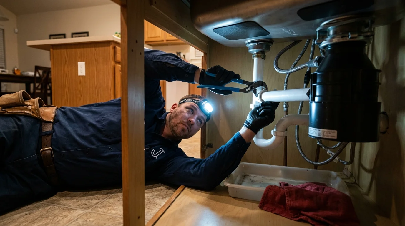 P-trap and supply line connections under a kitchen sink showing a common leak point in Pen Argyl, PA